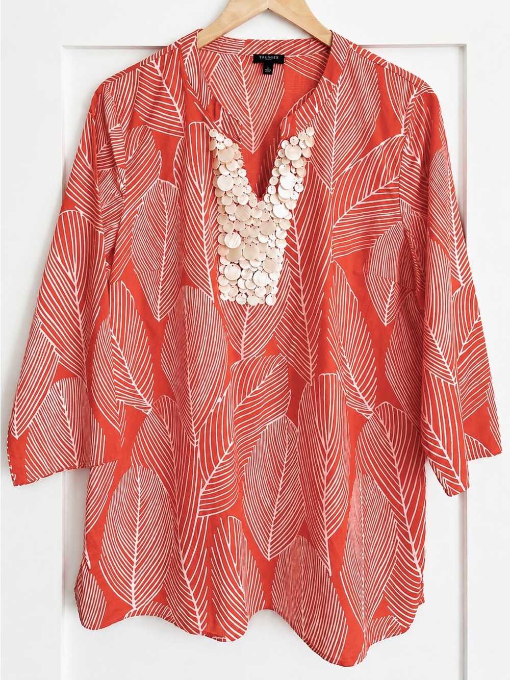Talbots Leaf Print Tunic Top Sz Large Petite Lightweight 100% Cotton 3/4 Sleeve